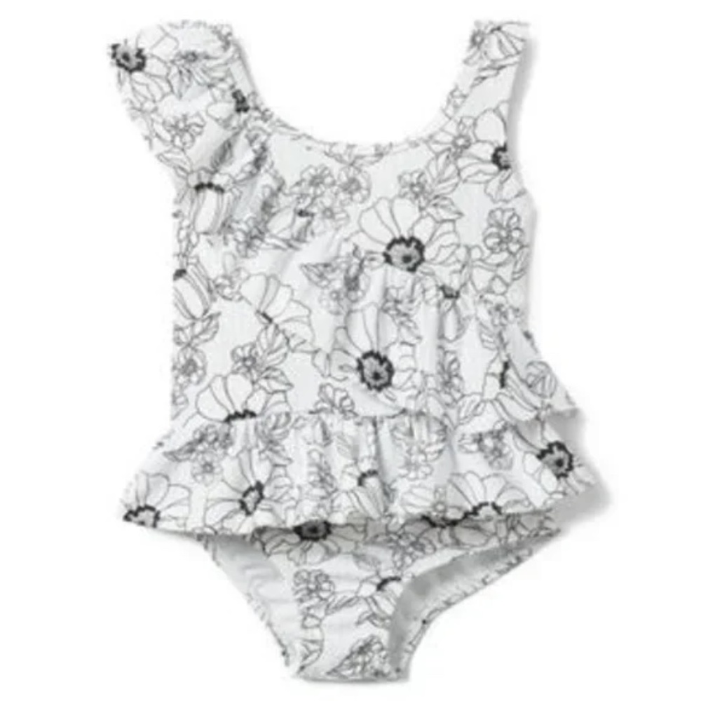 Janie and Jack Black and White Floral Ruffle Swimsuit Size 2T